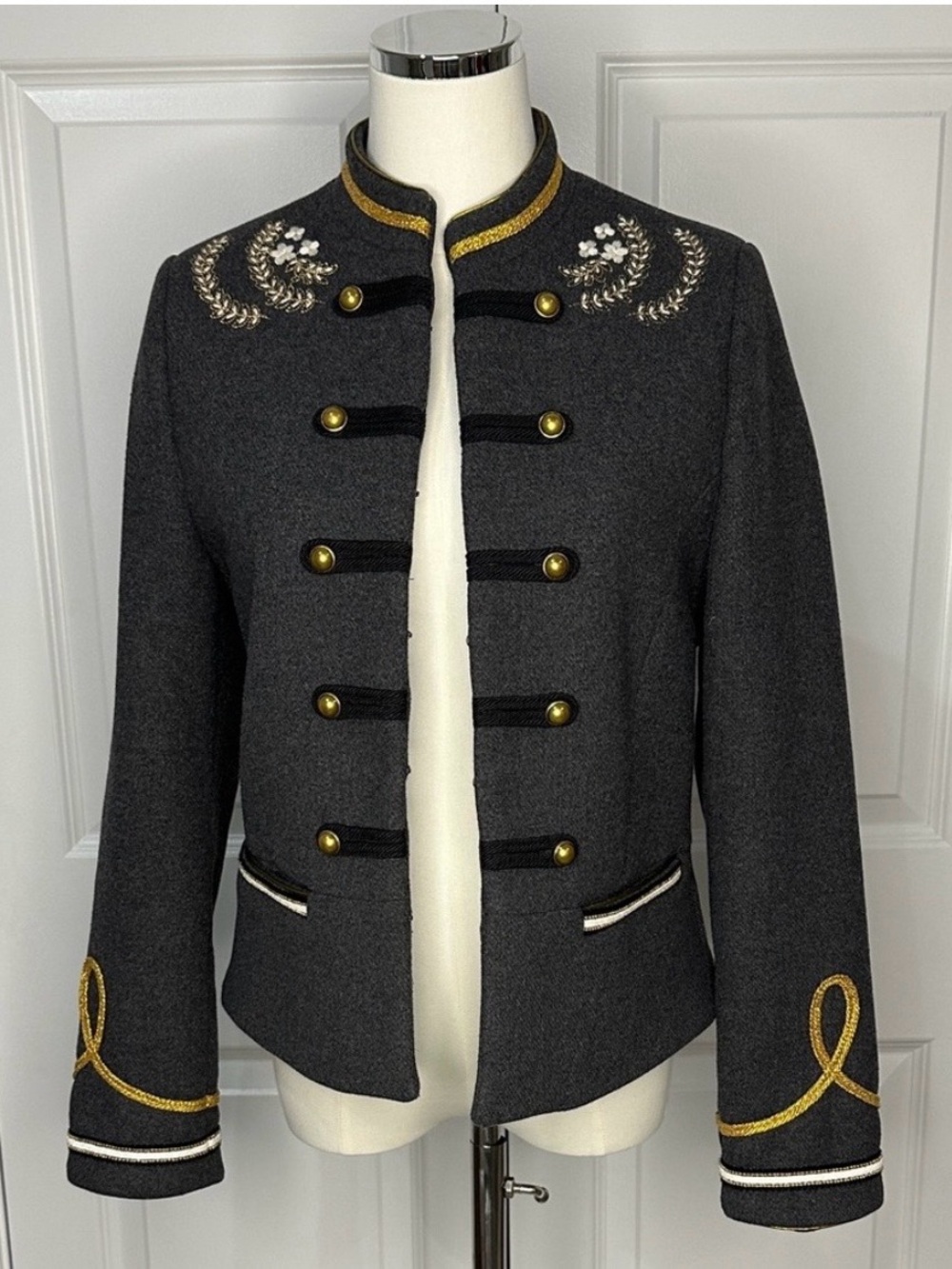 Zara TRF Outerware Black Grey Military Gold Embroidered Military Jacket Size M